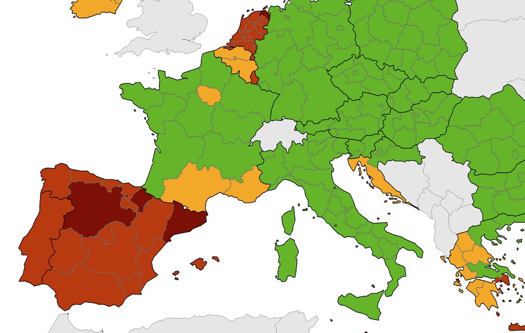 Nieuwe corona-kaart Europees Centrum voor ziektepreventie met heel Spanje rood en donkerrood