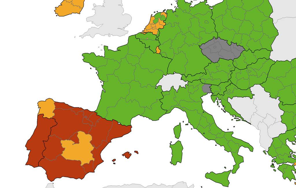 Nieuwe corona-kaart Europees Centrum voor ziektepreventie met bijna heel Spanje ROOD