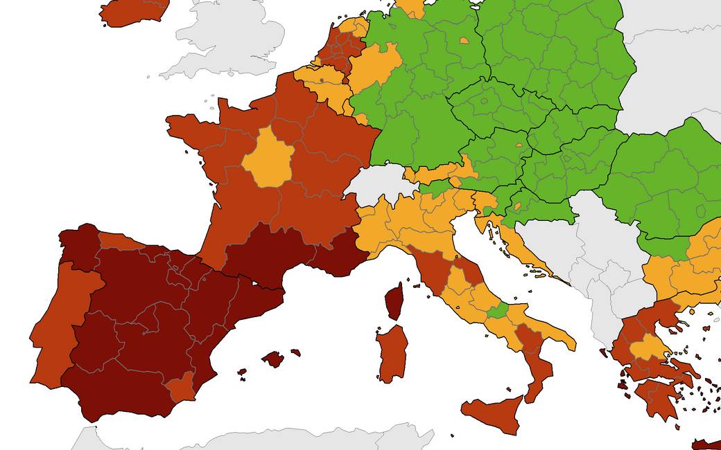 Corona-kaart Europees Centrum voor ziektepreventie met nog steeds een donkerrood Spanje