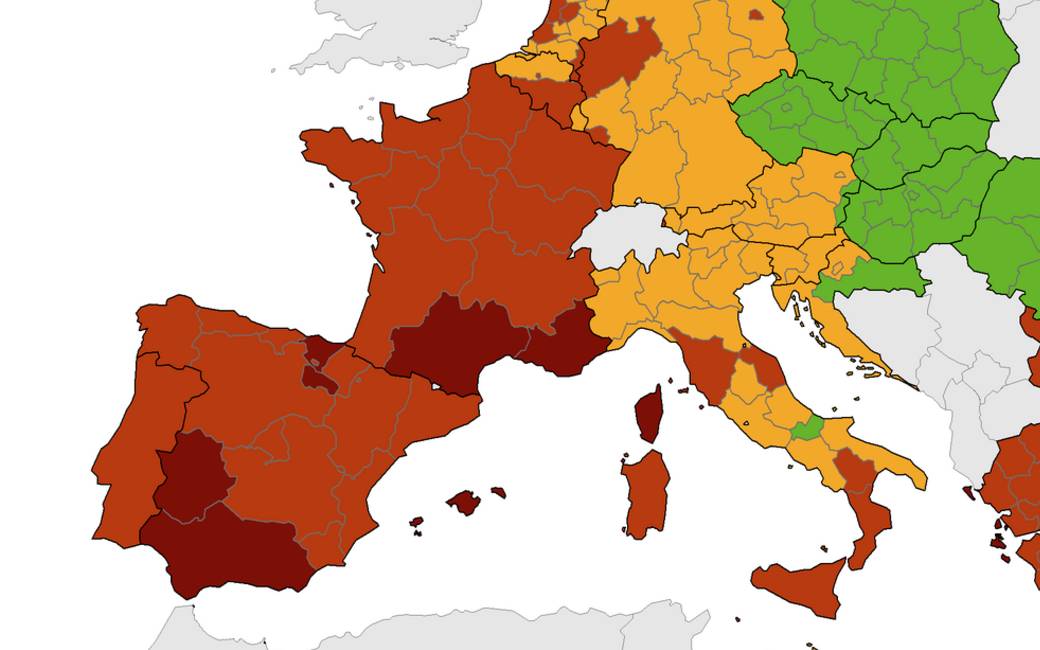 Corona-kaart Europees Centrum voor ziektepreventie met nog steeds een donkerrood Spanje (19 aug)