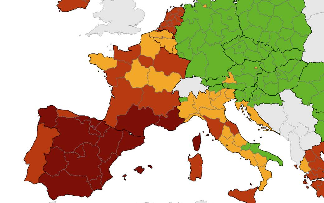 Nieuwe corona-kaart Europees Centrum voor ziektepreventie met meer donkerrood in Spanje (5 aug)