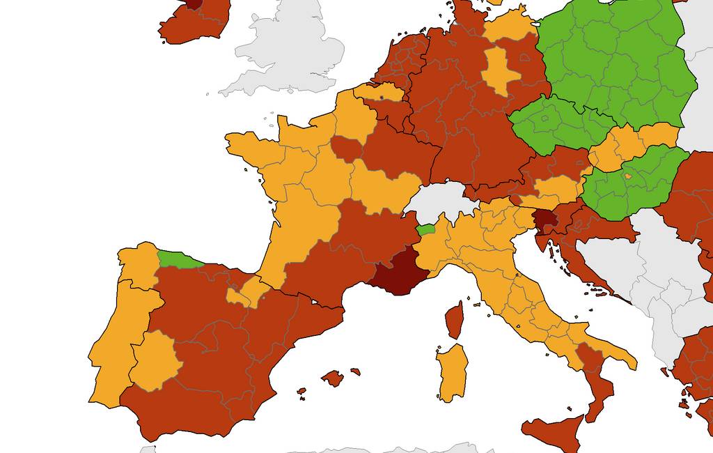 Corona-kaart Europees Centrum voor ziektepreventie met ROOD, ORANJE en GROEN voor Spanje (16 sept)