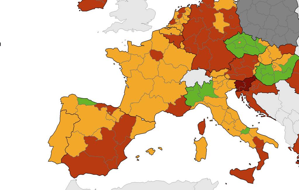 Corona-kaart Europees Centrum voor ziektepreventie met ROOD, ORANJE en GROEN voor Spanje (23 sept)