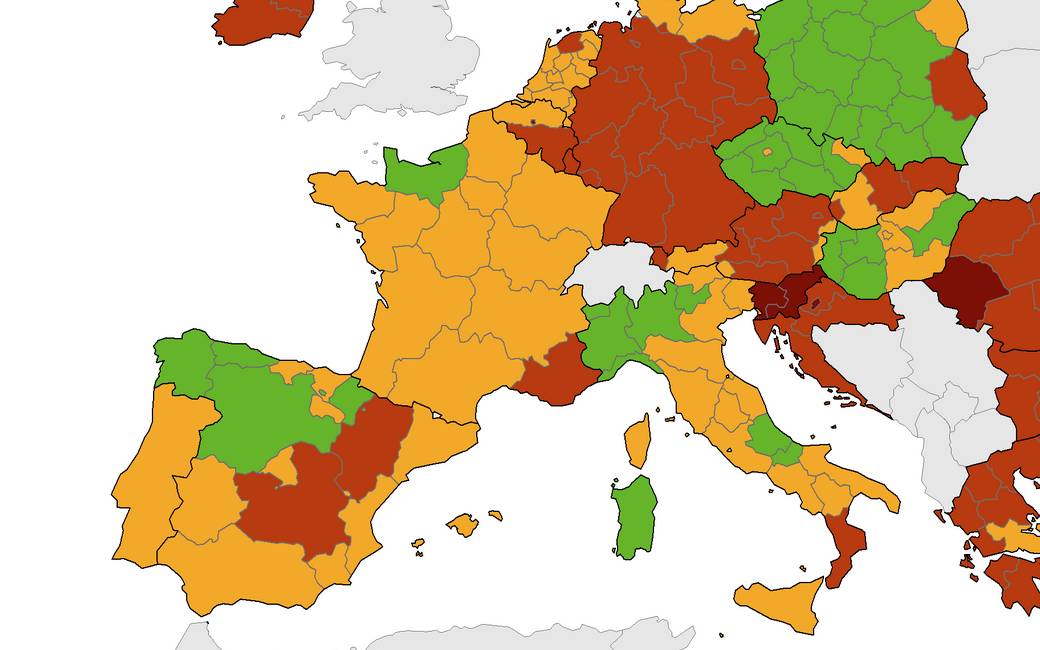 Corona-kaart Europees Centrum voor ziektepreventie met ROOD, ORANJE en meer GROEN voor Spanje (30 sept)