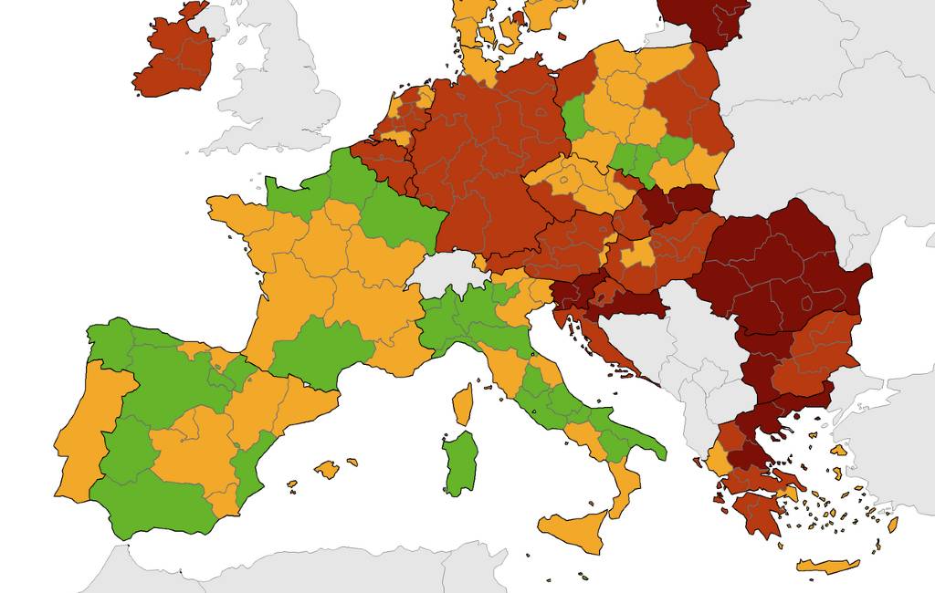 Corona-kaart Europees Centrum voor ziektepreventie zonder ROOD in Spanje (21 okt)