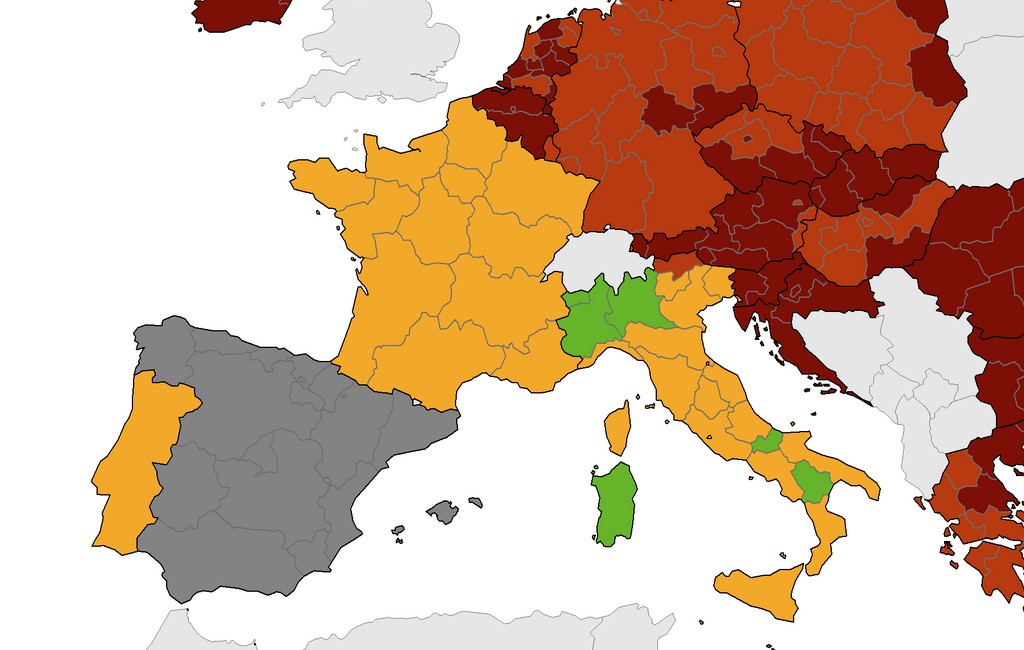 Corona-kaart Europees Centrum voor ziektepreventie met Spanje in het grijs (4 nov)