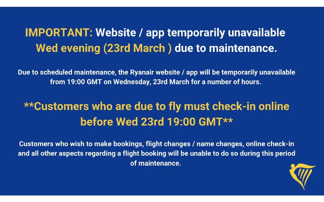 ATTENTIE: Ryanair website en app voor onderhoudswerkzaamheden uit de lucht!