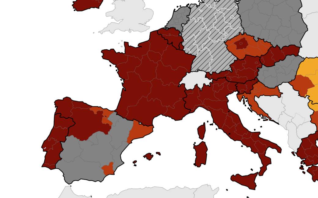 Europese corona-kaart: Spanje met 6 licht- en 4 donkerrode en 7 grijze regio’s (21 april)
