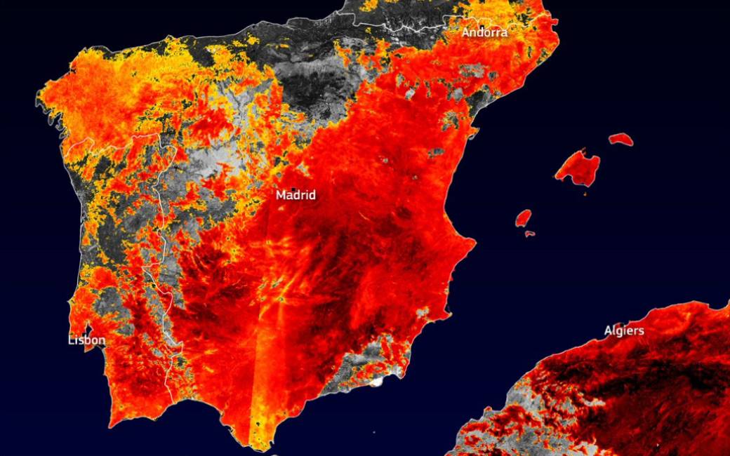 Europese Sentinel satellieten registreren 53 graden op de grond in Spanje