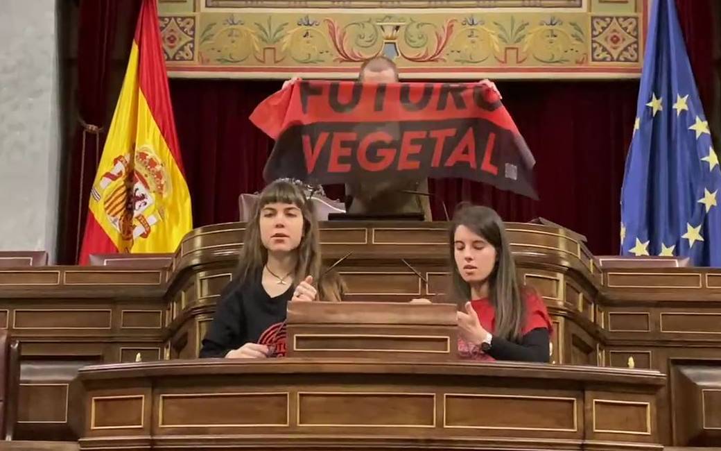 Milieuactivisten plakken zich vast aan de sprekers tribune in het Spaanse parlement