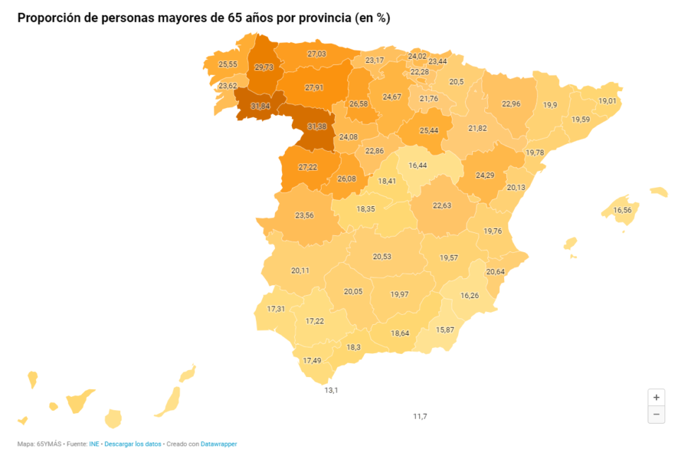 Waar wonen de meeste ouderen in Spanje?