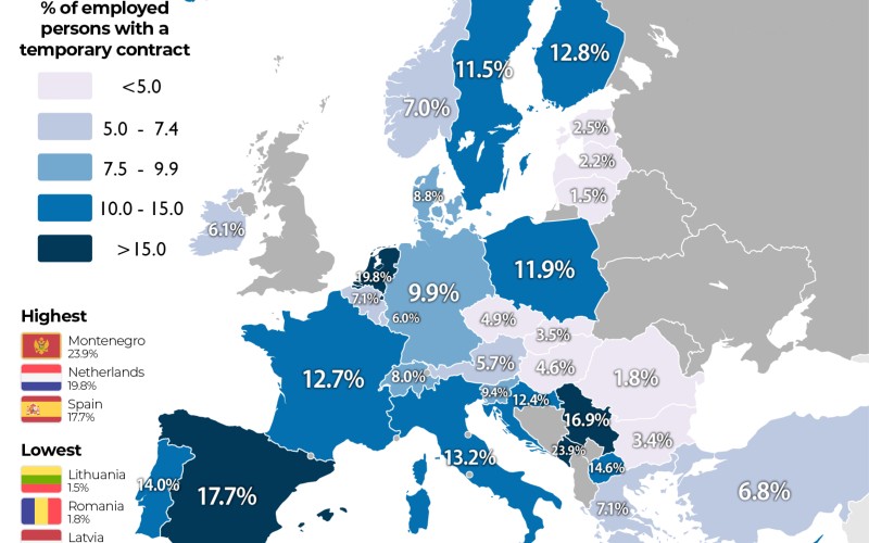 Nederland heeft een hoger percentage tijdelijke contracten dan Spanje
