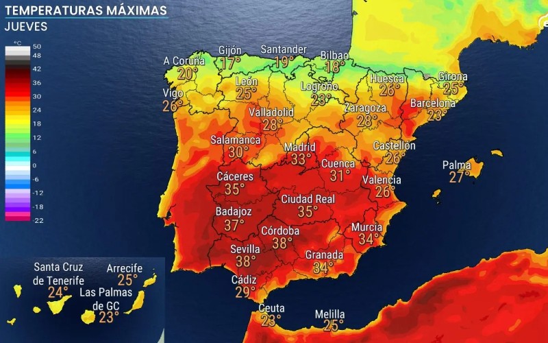 Spanje verdeeld door het weer: 40 graden in het zuiden en 20 graden in het noorden