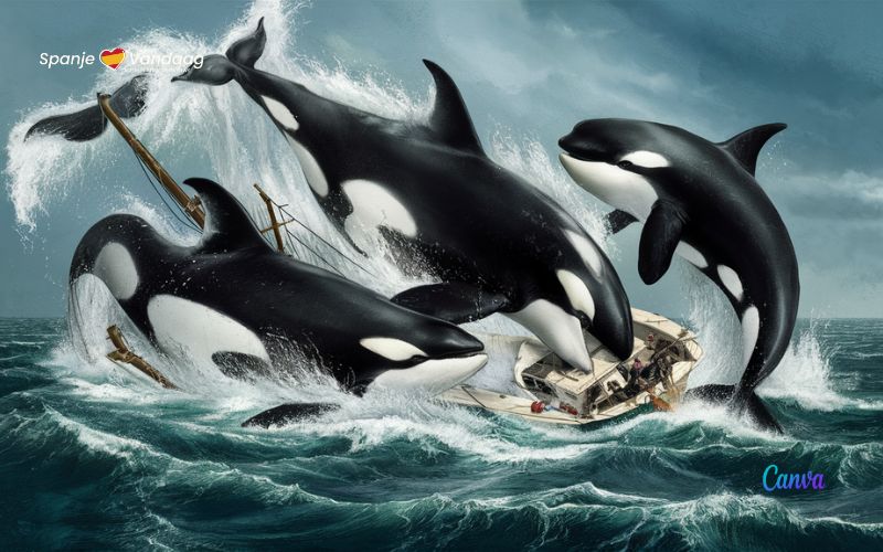 Een groep orka's brengt een zeilboot tot zinken voor de kust van Andalusië