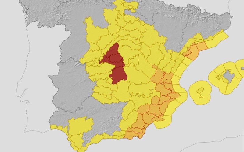 Stormwaarschuwing DANA: code rood Madrid en oranje en geel langs Middellandse Zeekust