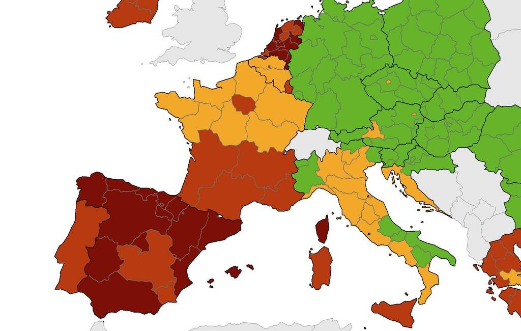 Nieuwe corona-kaart Europees Centrum voor ziektepreventie met meer donkerrood in Spanje