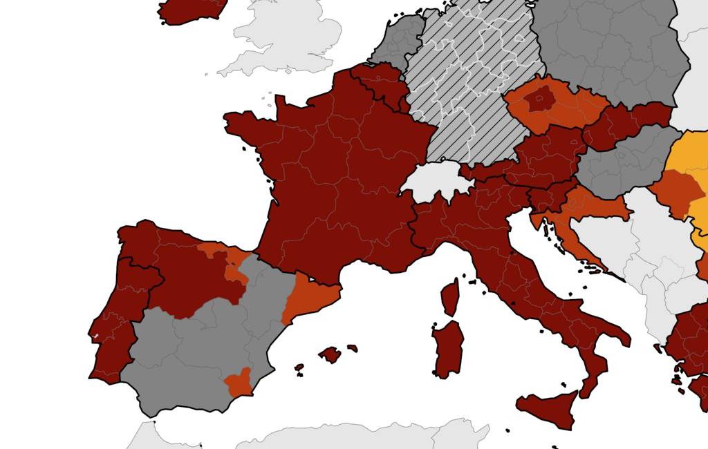 Europese corona-kaart: Spanje met 6 licht- en 4 donkerrode en 7 grijze regio’s (21 april)