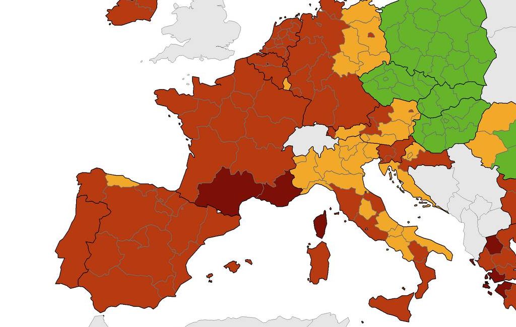 Corona-kaart Europees Centrum voor ziektepreventie met ROOD en ORANJE voor Spanje (2sept)