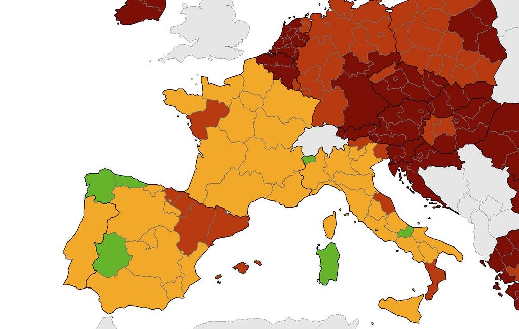 Corona-kaart Europees Centrum voor ziektepreventie groen, oranje en rood Spanje (11 nov)