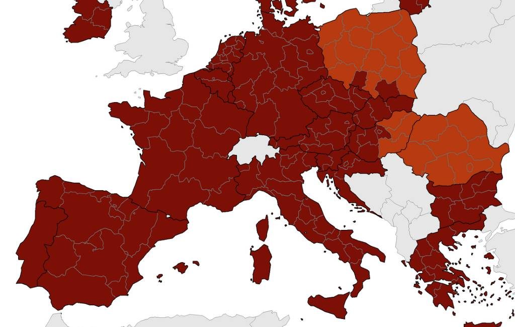 Corona-kaart Europees Centrum voor ziektepreventie met heel Spanje DONKERROOD (13 jan)