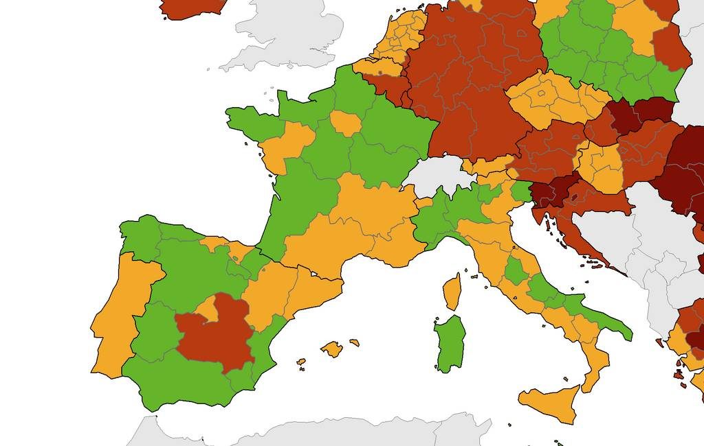 Corona-kaart Europees Centrum voor ziektepreventie met steeds meer GROEN in Spanje (14 okt)