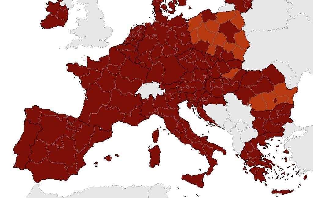 Corona-kaart Europees Centrum voor ziektepreventie met heel Spanje DONKERROOD (20 jan)
