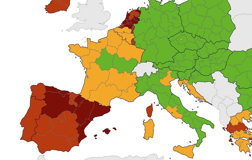 Nieuwe corona-kaart Europees Centrum voor ziektepreventie met meer donkerrood in Spanje