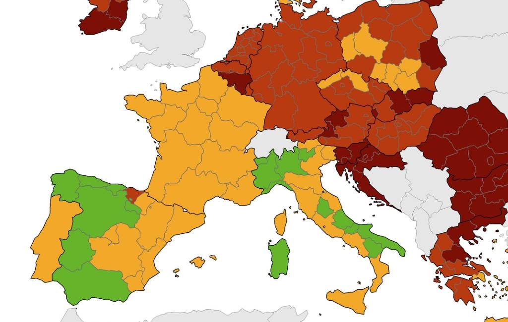 Corona-kaart Europees Centrum voor ziektepreventie met ROOD, ORANJE en GROEN in Spanje (28 okt)