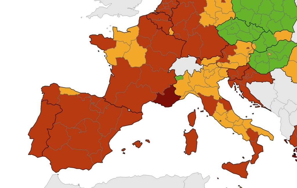 Corona-kaart Europees Centrum voor ziektepreventie met ROOD en ORANJE voor Spanje (9 sept)