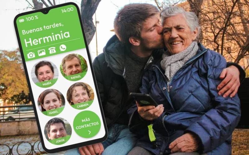 Jongen die grootmoeder mist brengt speciale bejaarden telefoon op de markt