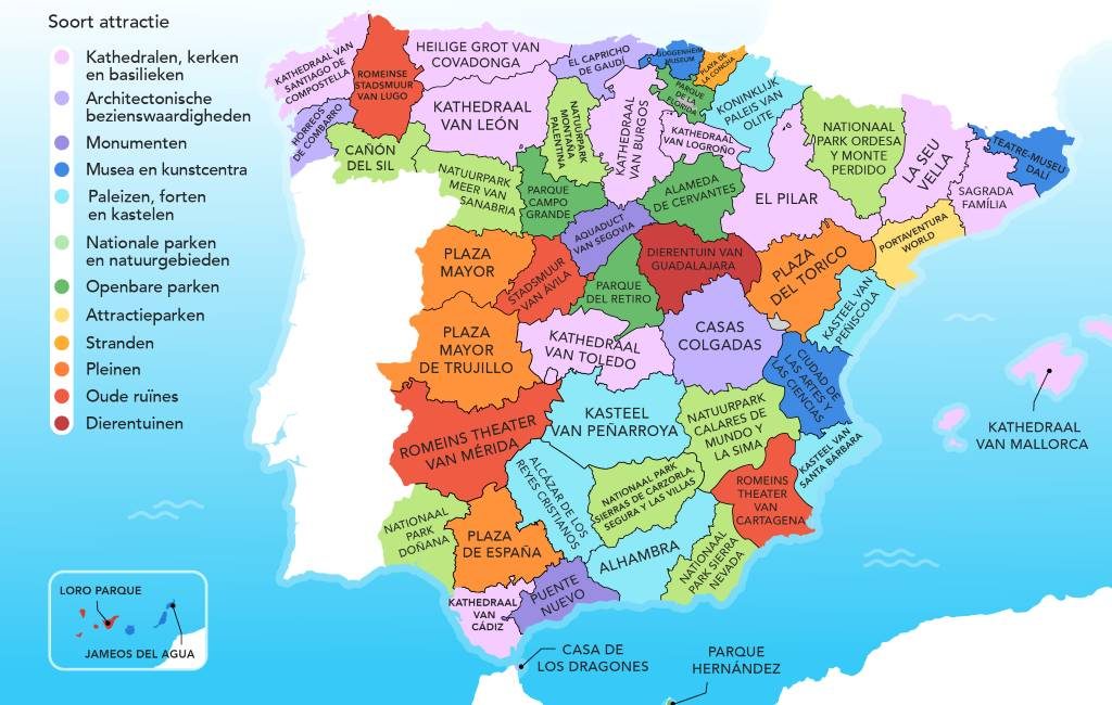De populairste toeristische attractie in elke provincie van Spanje op kaart