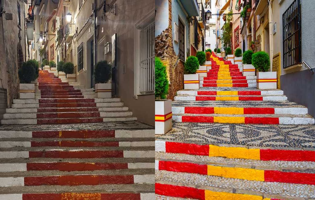 Separatisten van Catalaanse Arran verwijderen kleuren van de Spaanse vlag op trap in Calpe